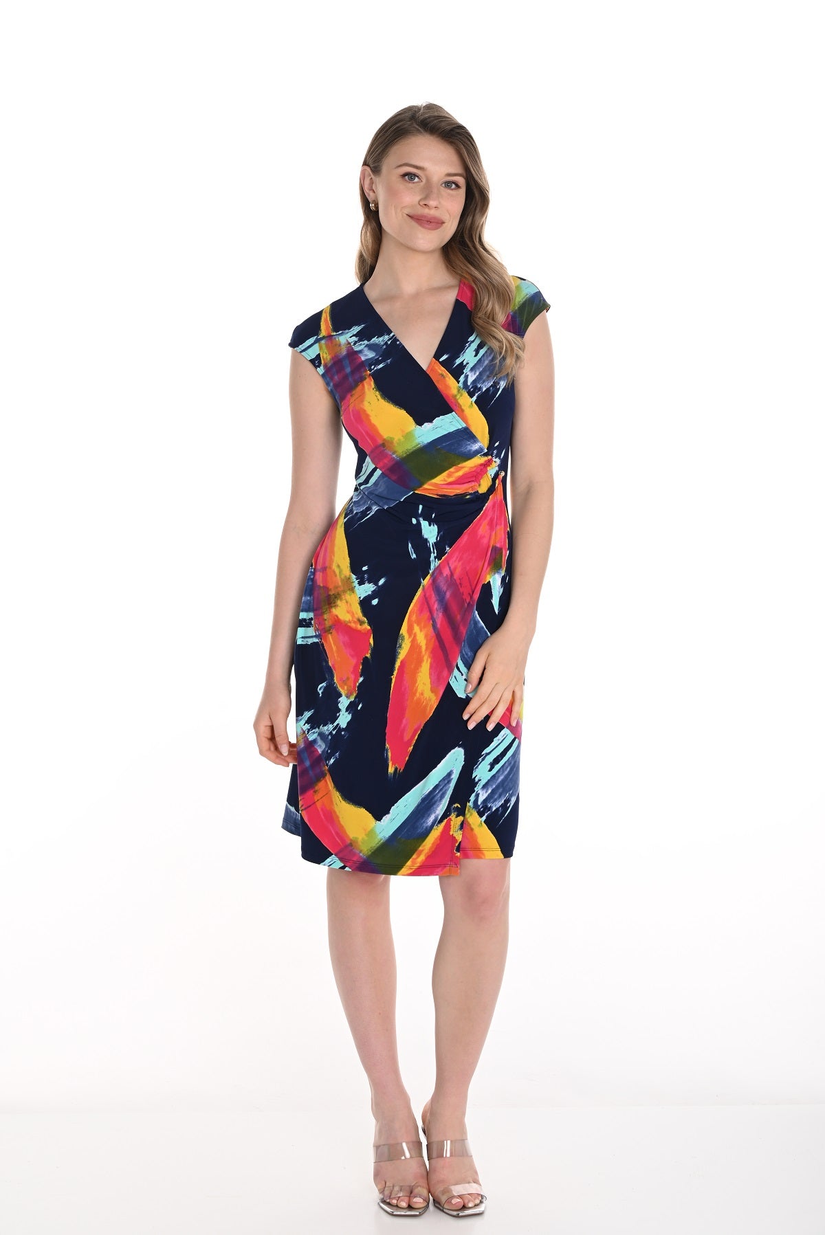 Frank Lyman Navy multi colored sleeveless wrap dress in pull on style