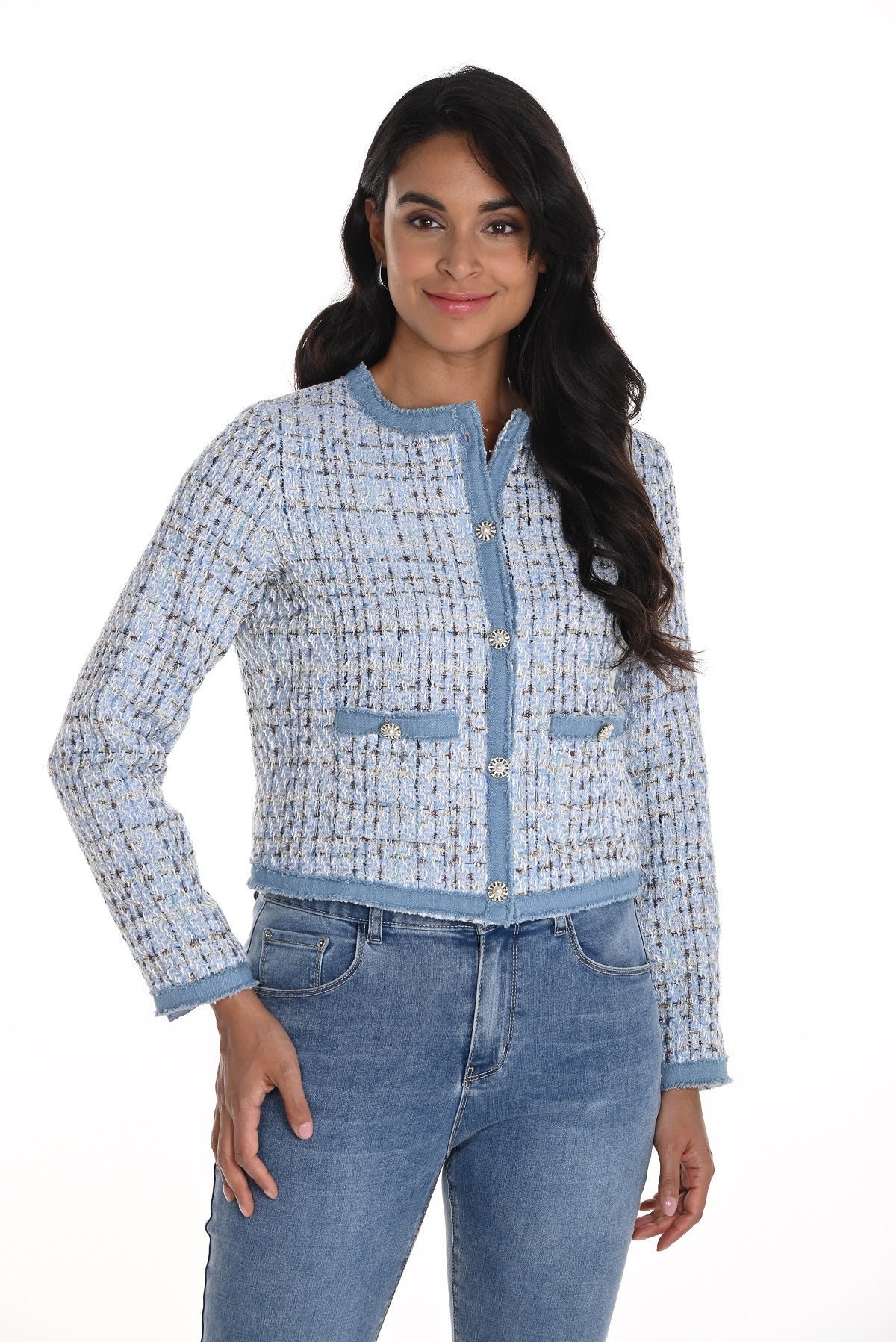 Frank Lyman Blue plaid short cropped jacket with button front and patch pockets