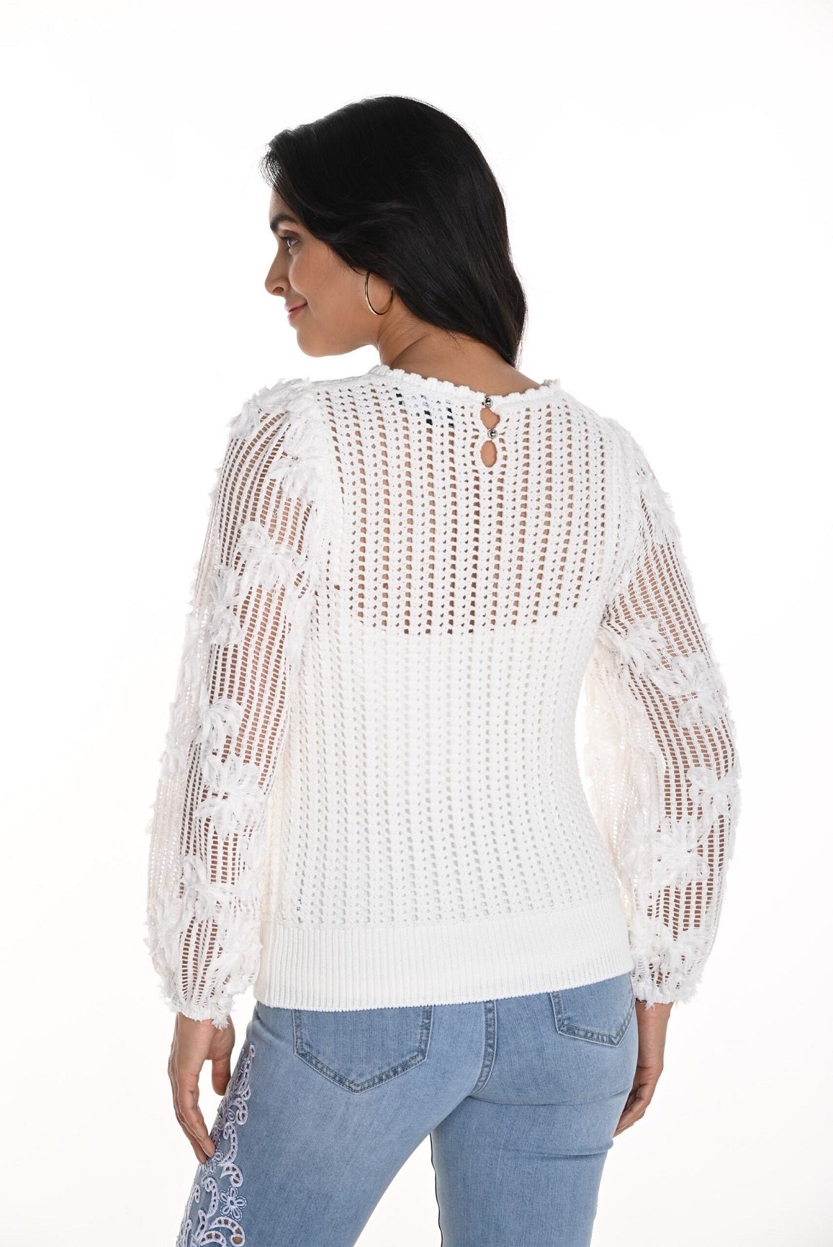 Frank Lyman Montreal off white loose weave sweater with floral arm detail