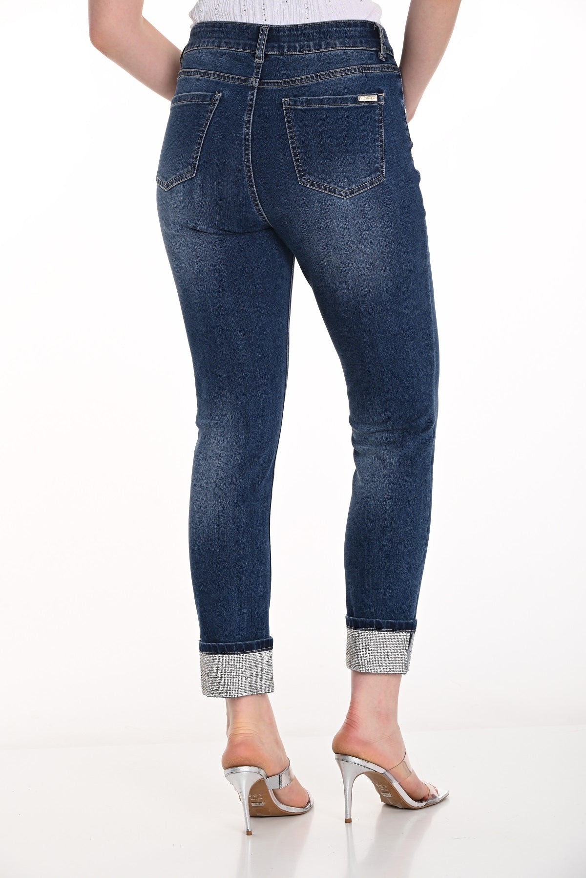 Frank Lyman Montreal Crop Blue Jeans With striking silver hem detail.