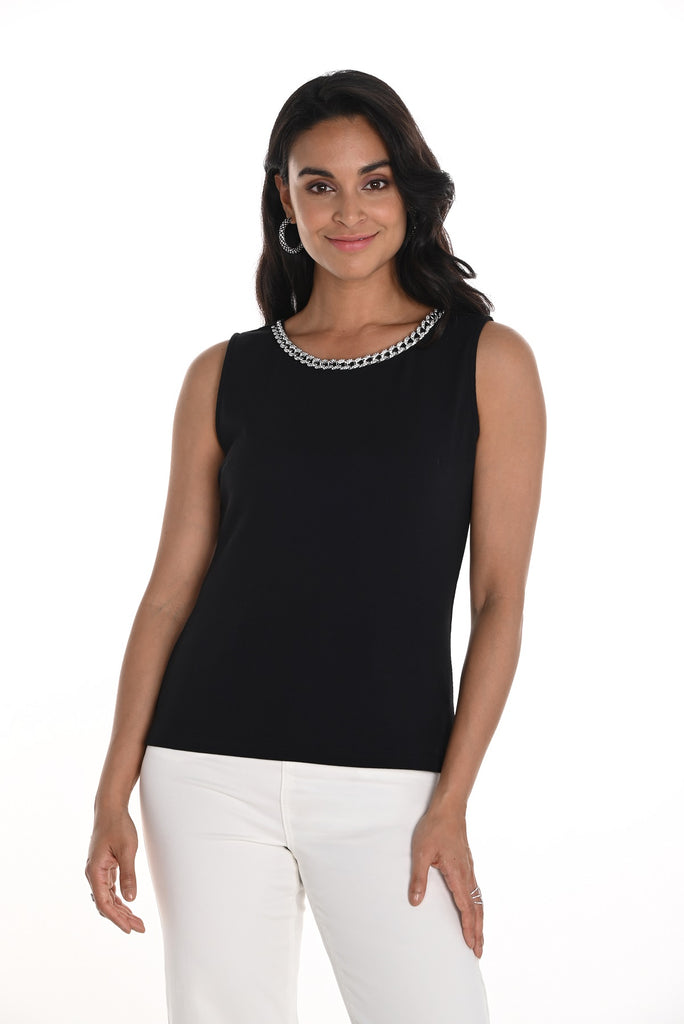 Frank Lyman Montreal Black Sleeveless Cotton Sweater with embellished neckline