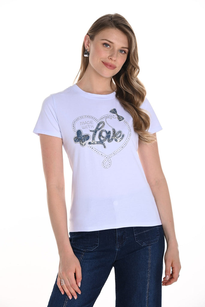 Frank Lyman White cotton t-shirt with front love sequin print .