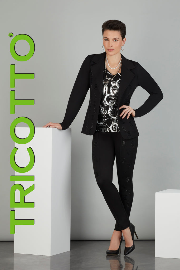 Tricotto Black One Button Collared Blazer with front fashion print detail