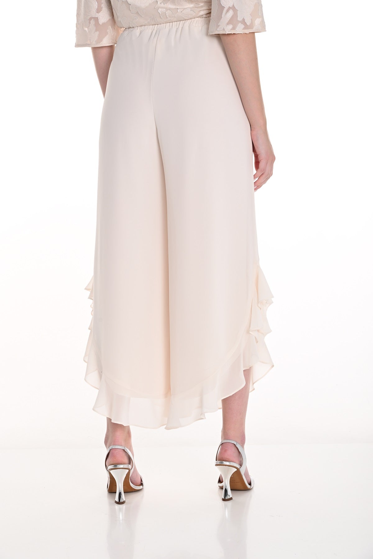 Frank Lyman Cropped Vanilla Pull on evening pant with chiffon overlay and ruffled hem detail