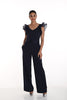 Midnight blue one piece jumpsuit with ruffled arm and sequin empire waist detail