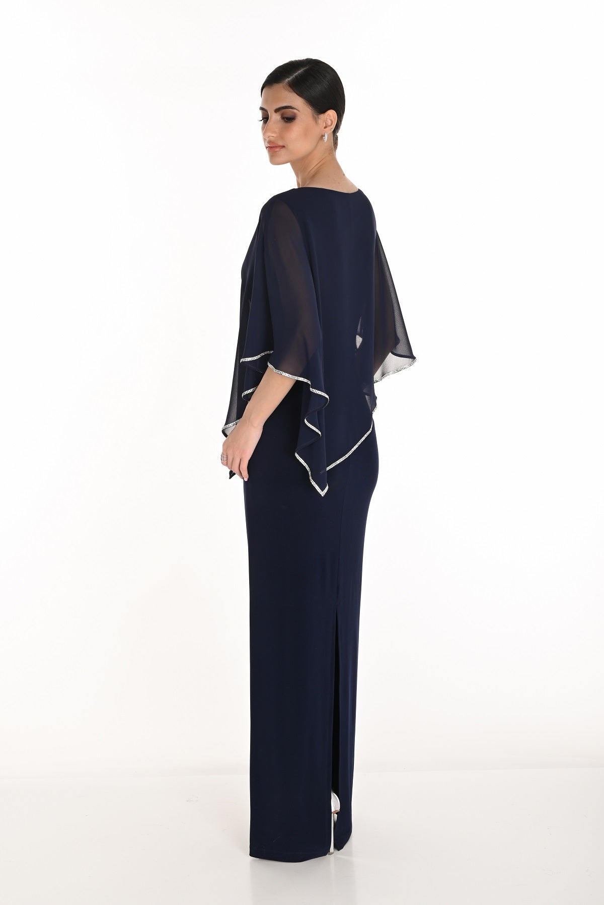 Midnight blue evening gown with embellished edge overlay detail