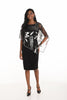 Woman wearing a black dress with sheer sleeves on a white background