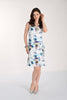 Woman wearing a floral dress on a white background