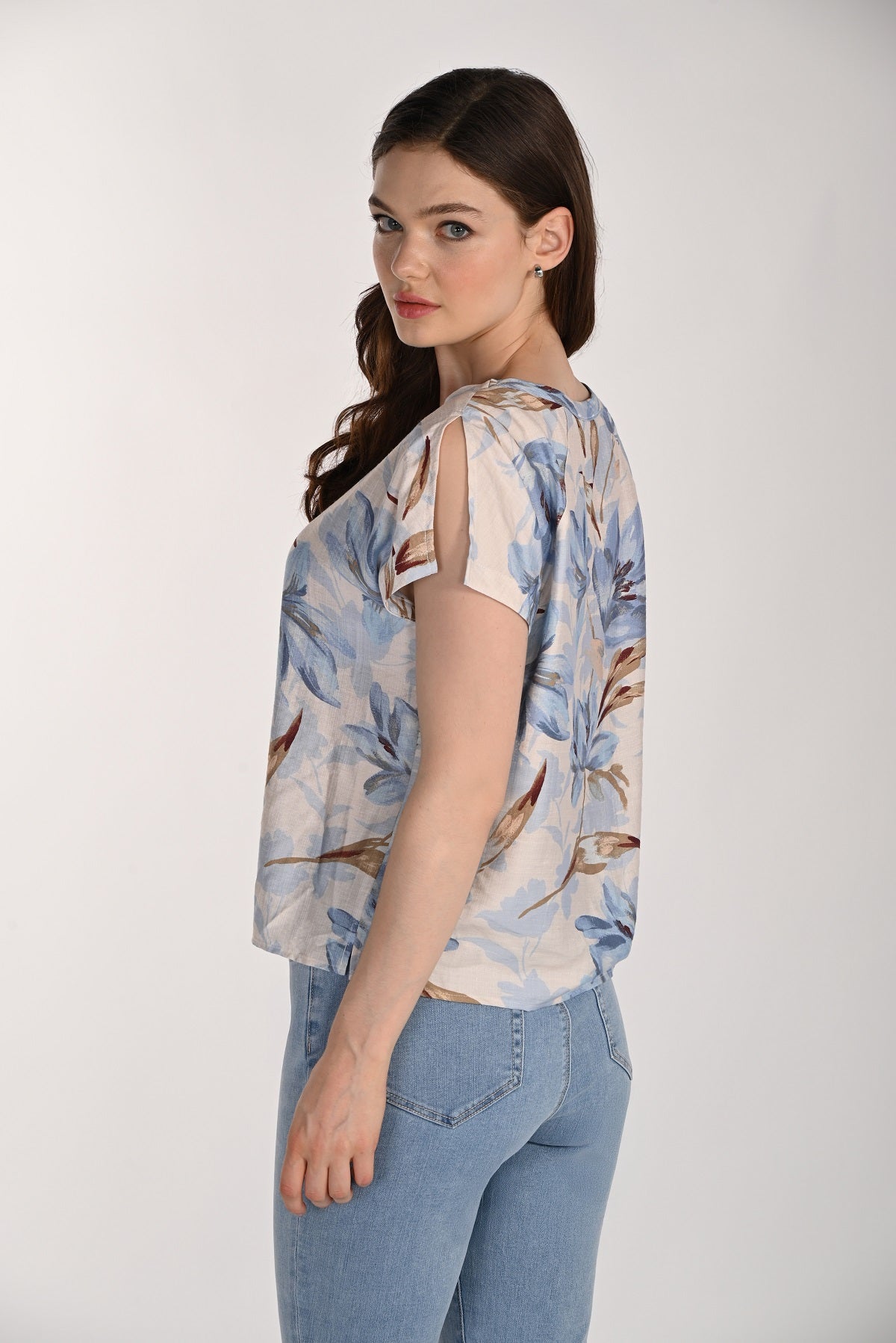 Floral Woven Knit Top with Split Shoulder Detail