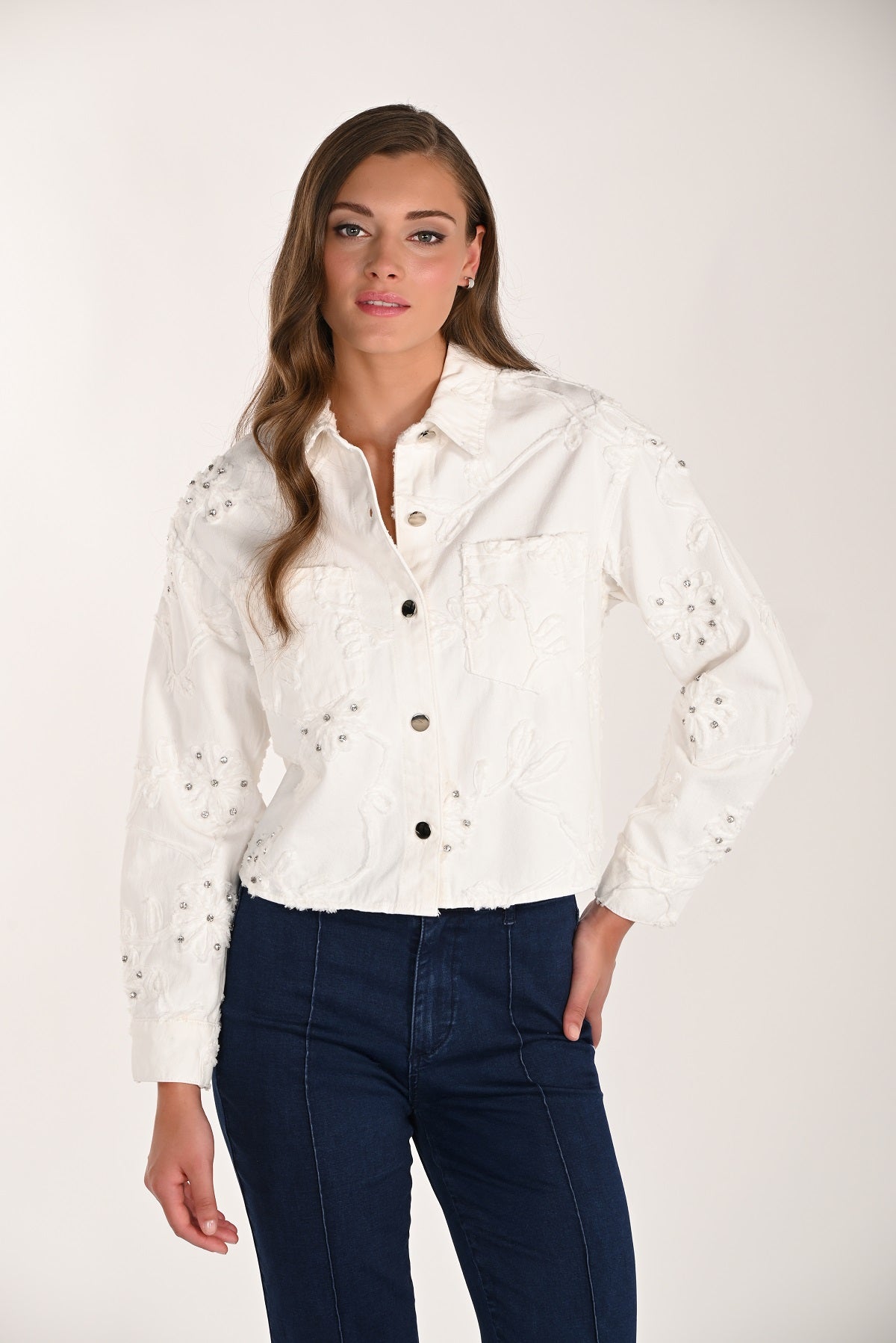Embroidered Knit Jean Jacket With Crystal Stone Detail. Frank Lyman Style 261600