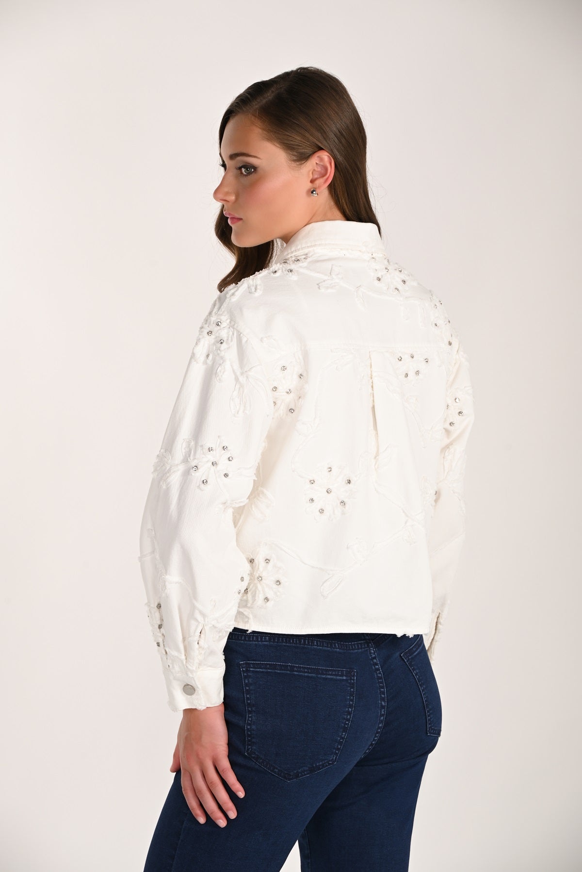 Embroidered Knit Jean Jacket With Crystal Stone Detail. Frank Lyman Style 261600