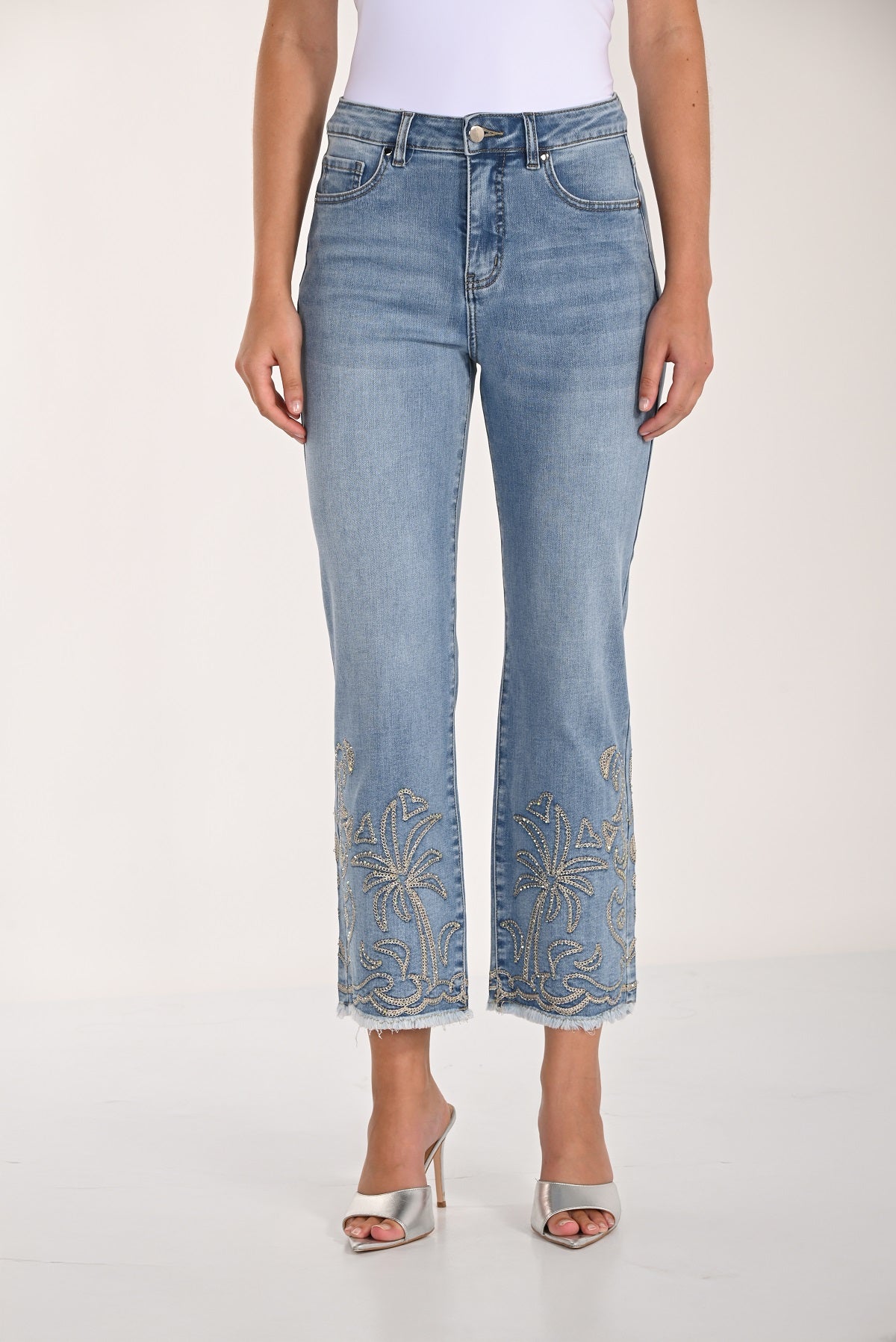 High Waisted Wide Leg Jeans with sequin frayed hem detail