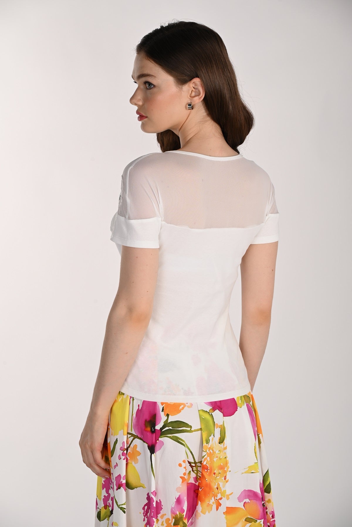 White sheer top premium t-shirt with crystal stone front detail