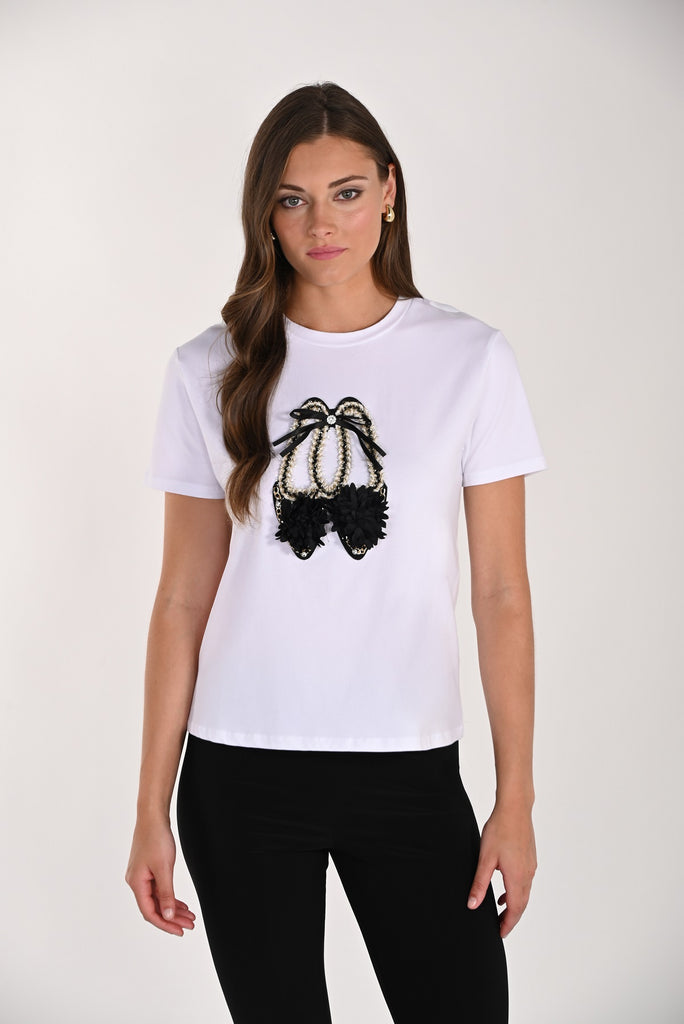 White cotton t-shirt with sequin shoes print