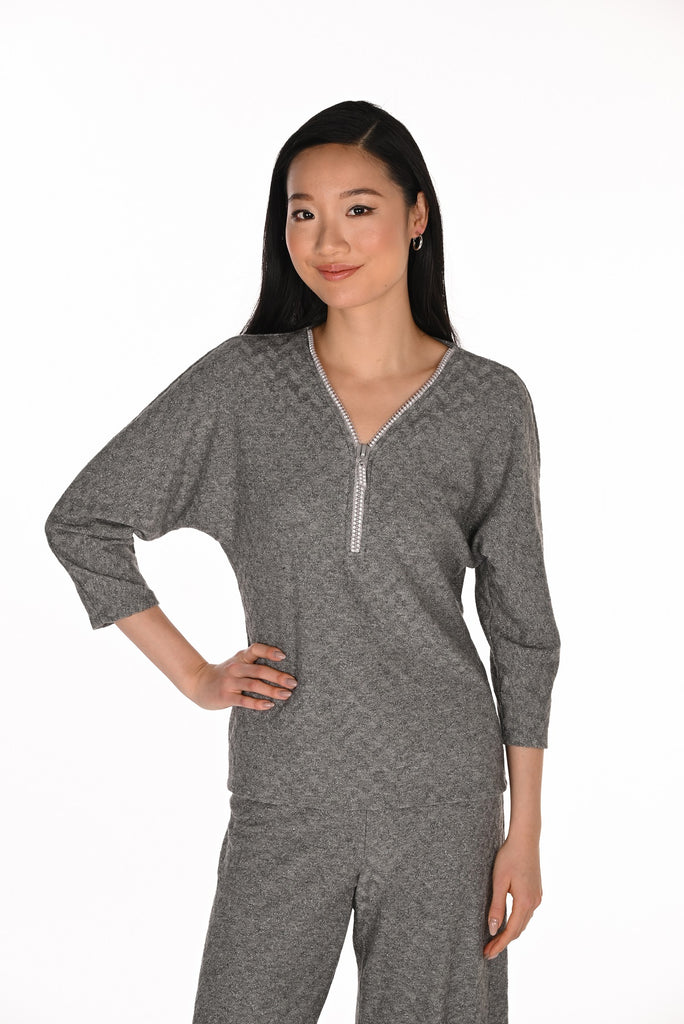 Metallic Knit Sweater With Embellished Zipper. Frank Lyman 263409