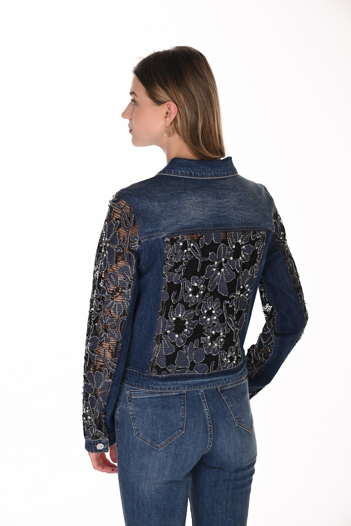 Denim Jean Jacket with Crystal Stone Detail And Lace Sleeves