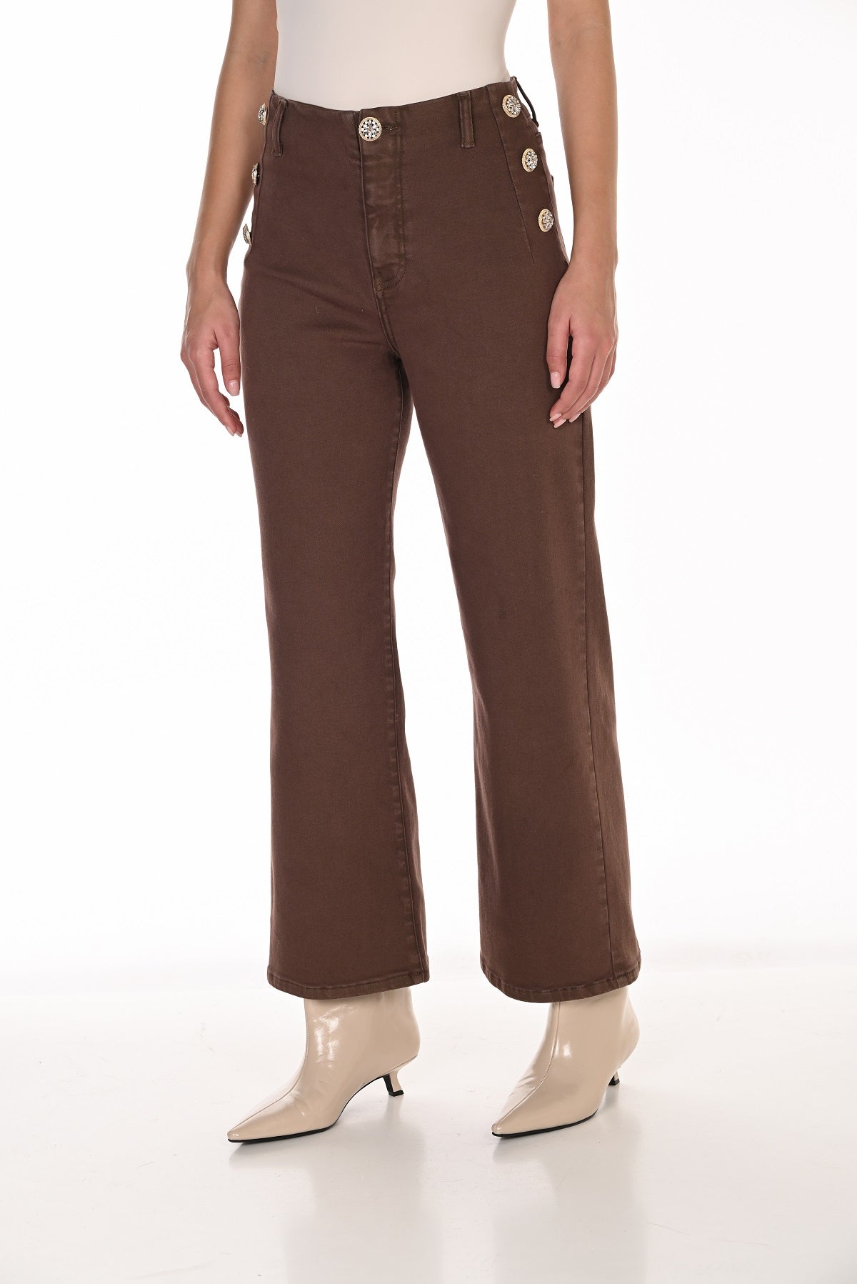 Wide Leg Cotton Jeans With Button Detail. Frank Lyman 263789
