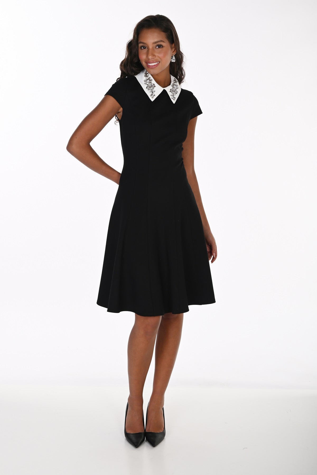 Little Black Dress With Striking Removeable Crystal Stone Collar. Frank Lyman 264008
