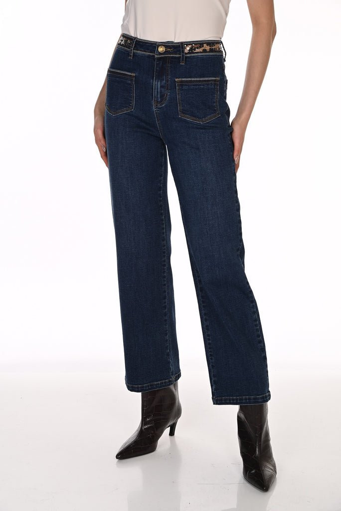 Jean taille mi-haute à jambe large haute couture avec détail imprimé. Frank Lyman 264807