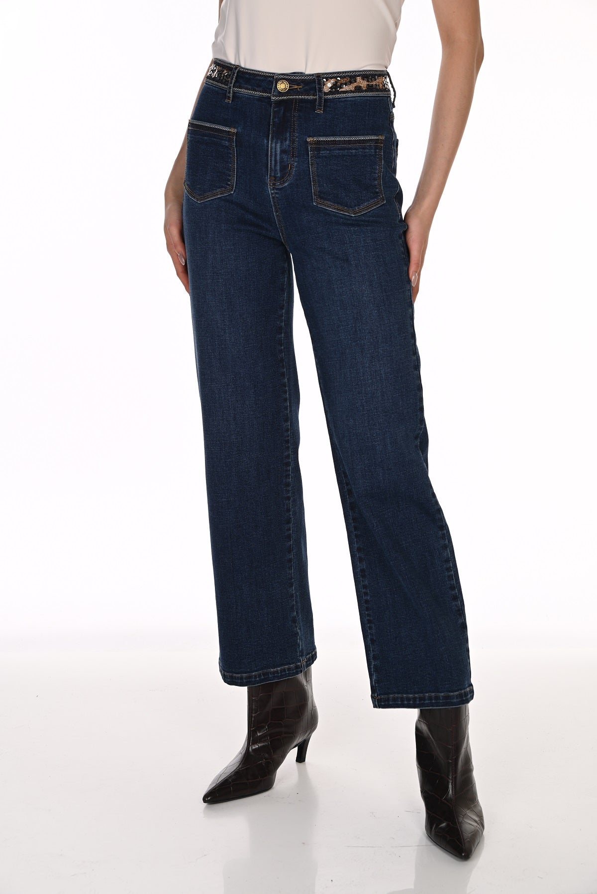 Jean taille mi-haute à jambe large haute couture avec détail imprimé. Frank Lyman 264807