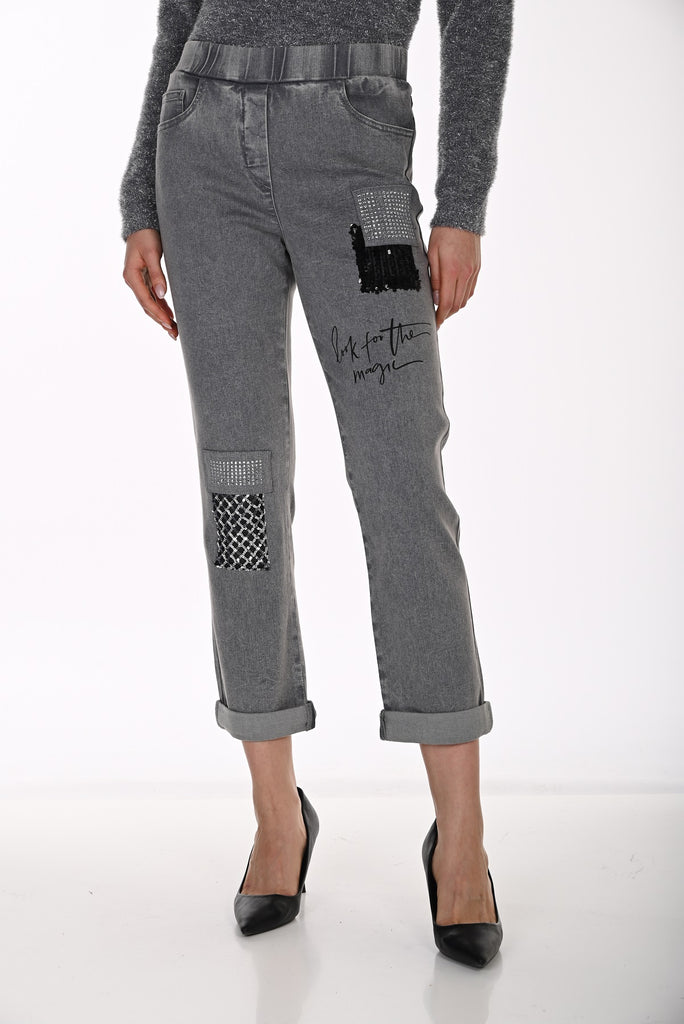 Stylish Pull On Grey Jeans With Patch Sequin Detail. Frank Lyman 264819