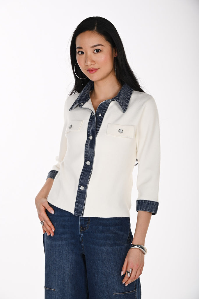 Cardigan en maille haut de gamme avec bordure en denim. Frank Lyman 264852