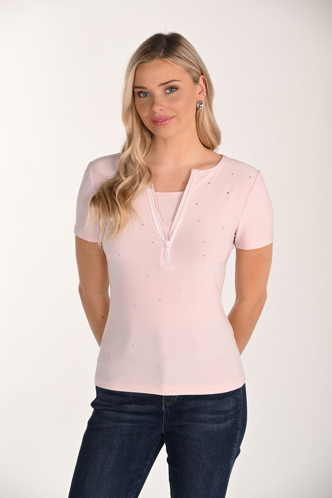 Pink Pullover Top With Sequin Front And Embellished Zipper