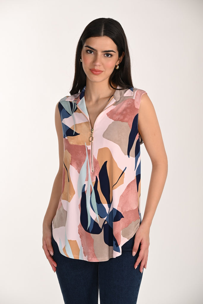 Blush black abstract print sleeveless tunic with embellished zipper front