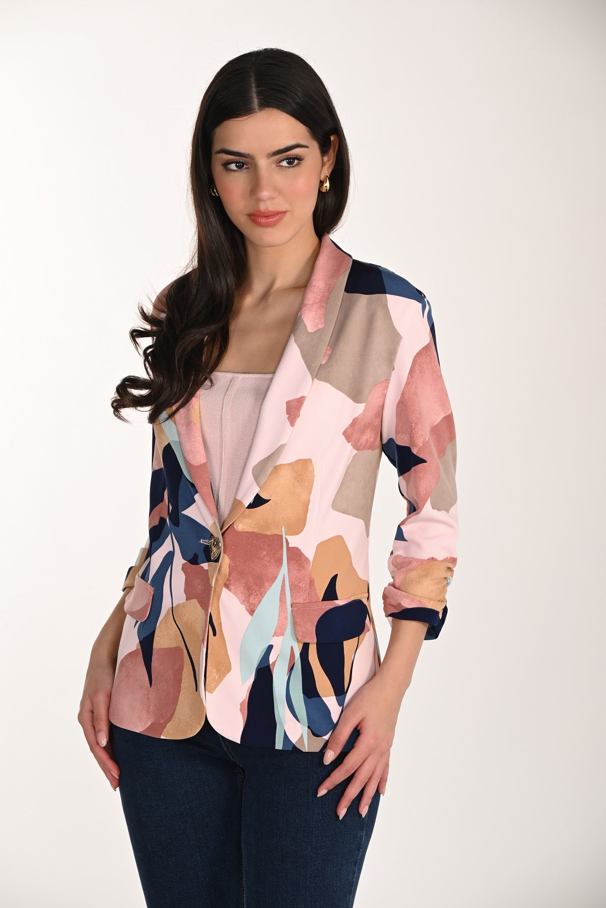 Pink black print unlined blazer with button front and gathered sleeve detail