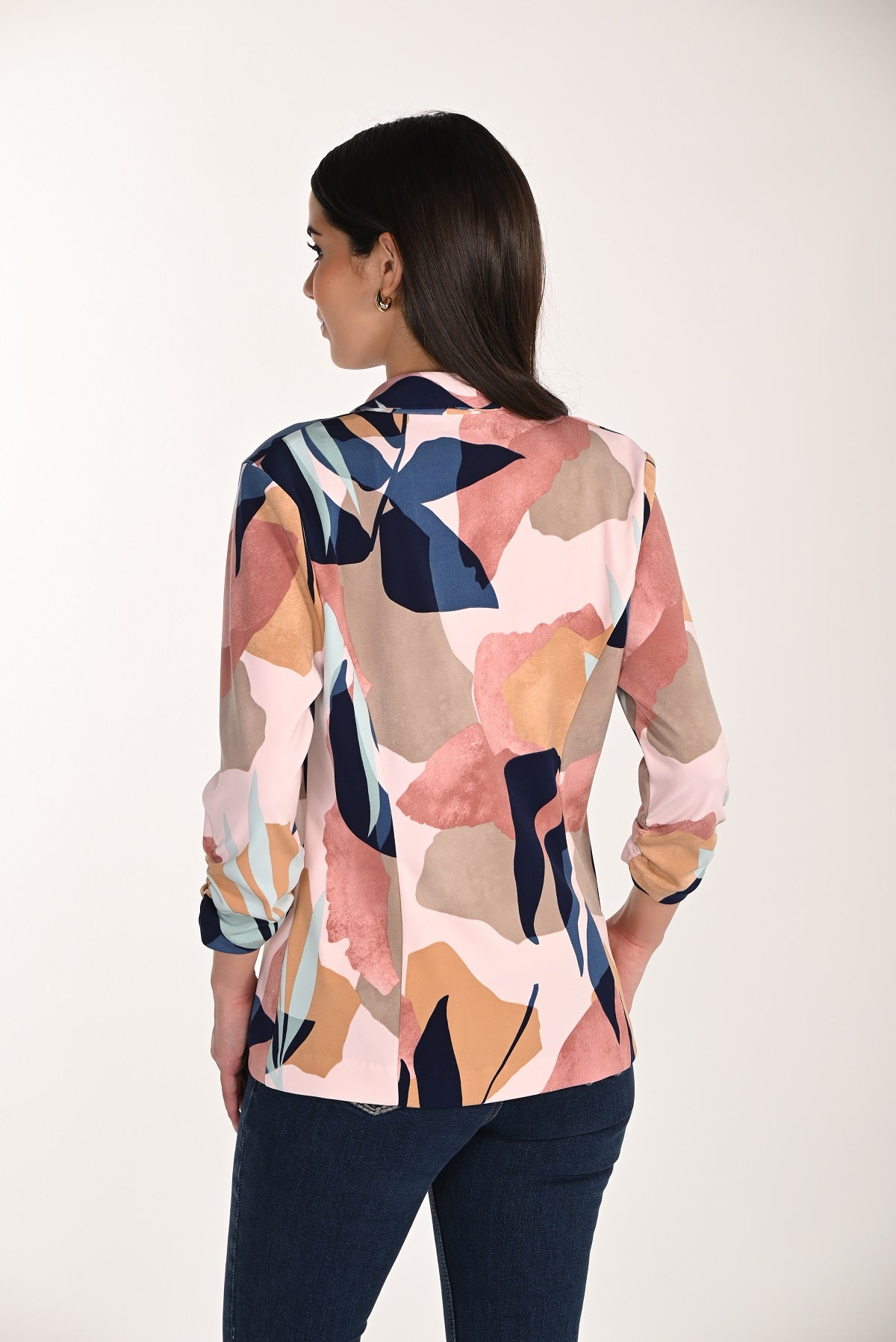 Pink black print unlined blazer with button front and gathered sleeve detail