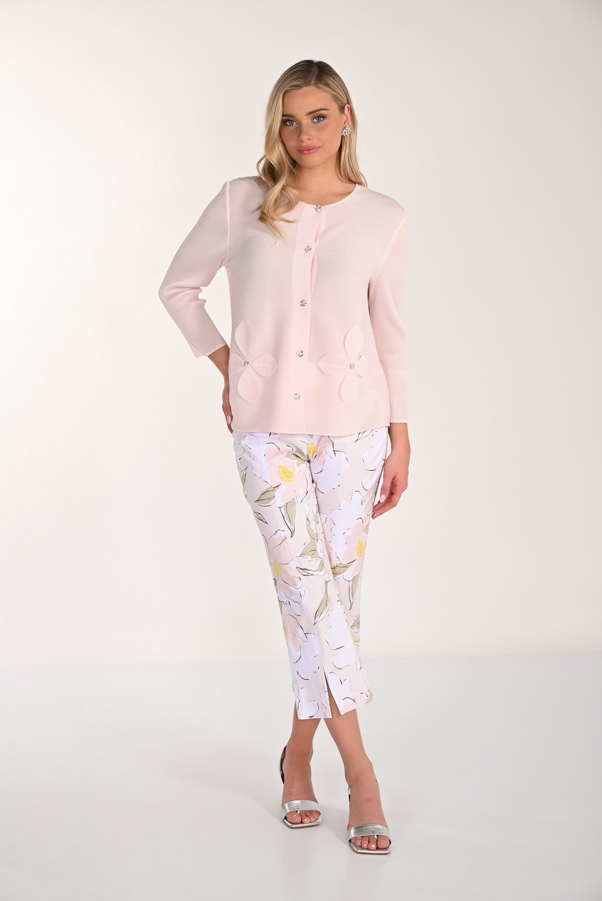 Blush floral woven knit crop pant with pull on waistband
