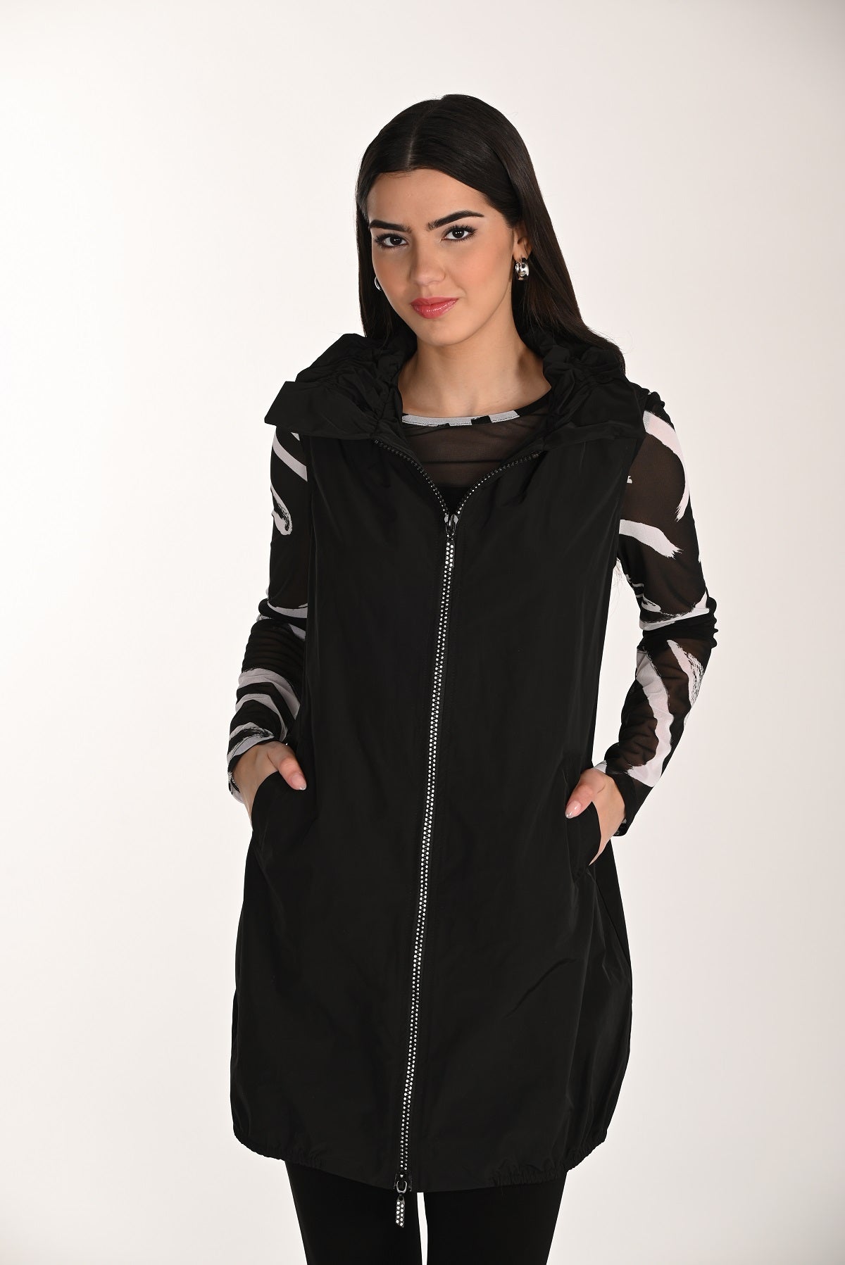 Black Microfibre Tunic Vest With Embellished 2 Way Zip Front