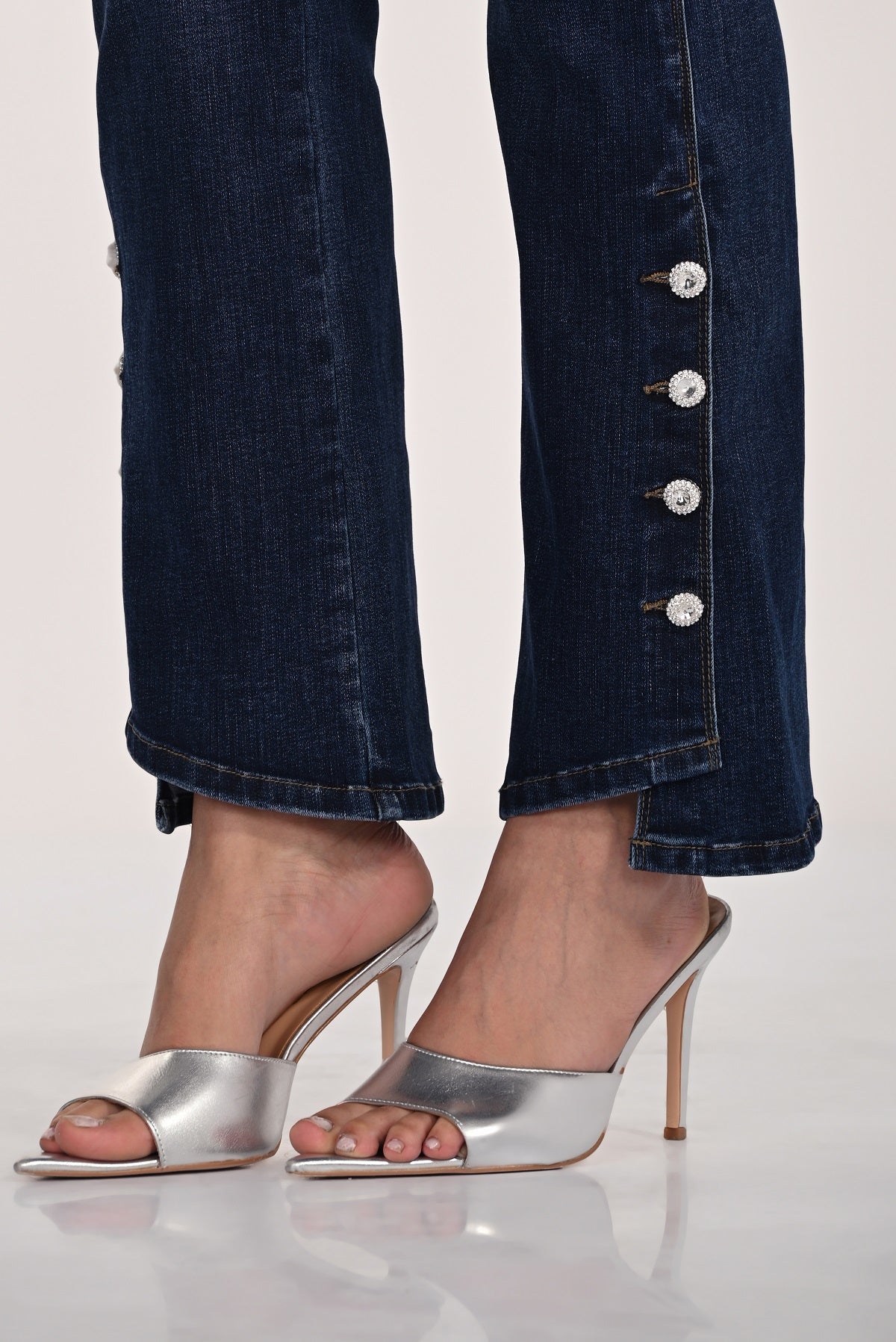 Soft Dark Denim Straight Leg 5 pocket jeans with sequin button detail