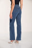 Wide leg high rise blue jeans with heart patch detail on front