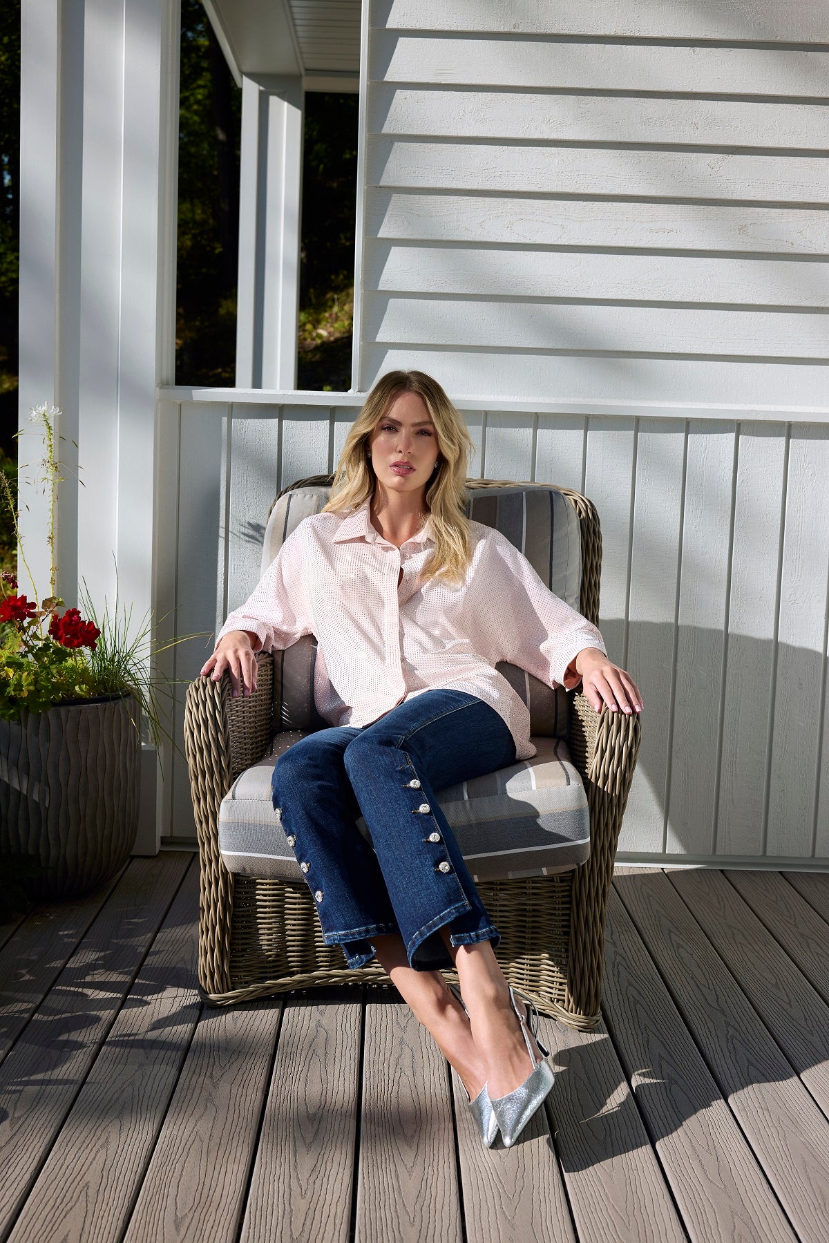 Soft Dark Denim Straight Leg 5 pocket jeans with sequin button detail