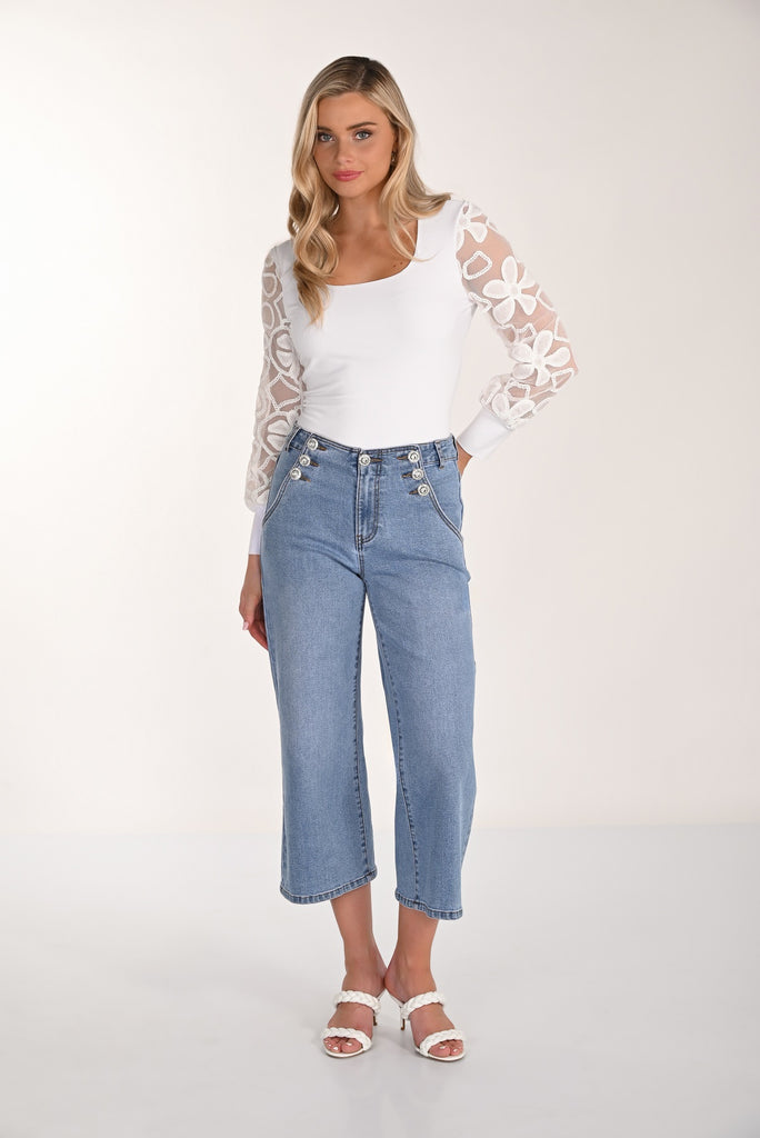 Light denim was wide leg crop jeans with sequin button detail