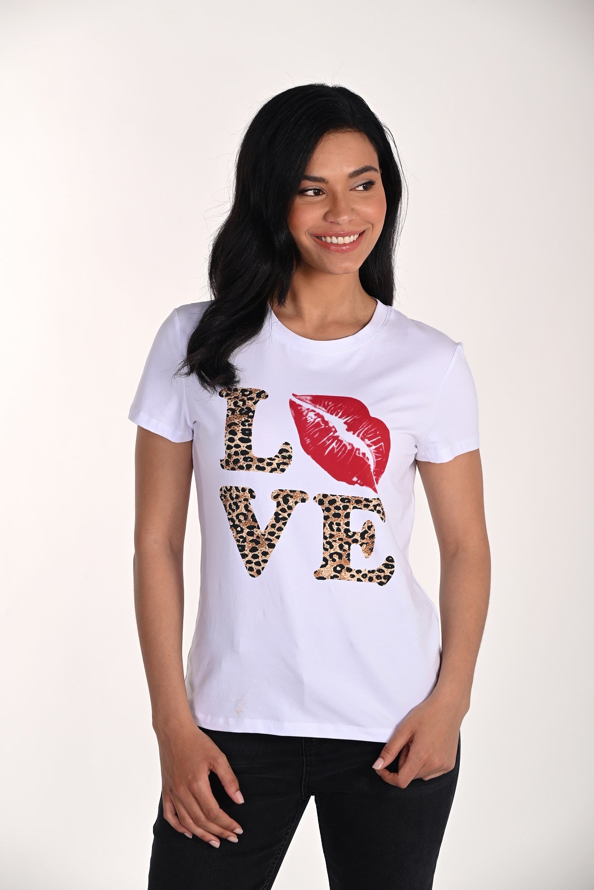 White cotton t-shirt with front love lips print detail