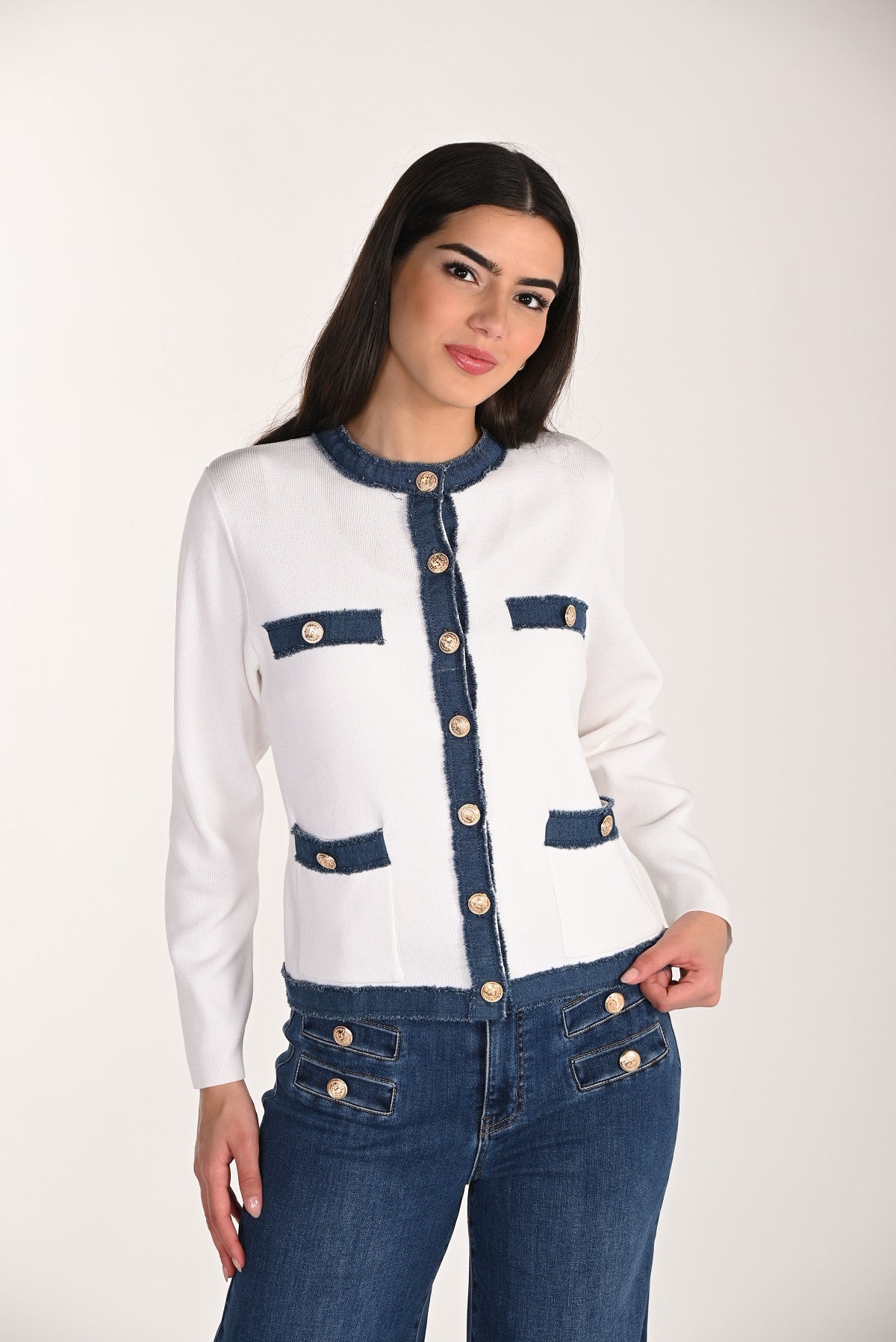 Off white denim blue shorter cardigan sweater with gold button detail