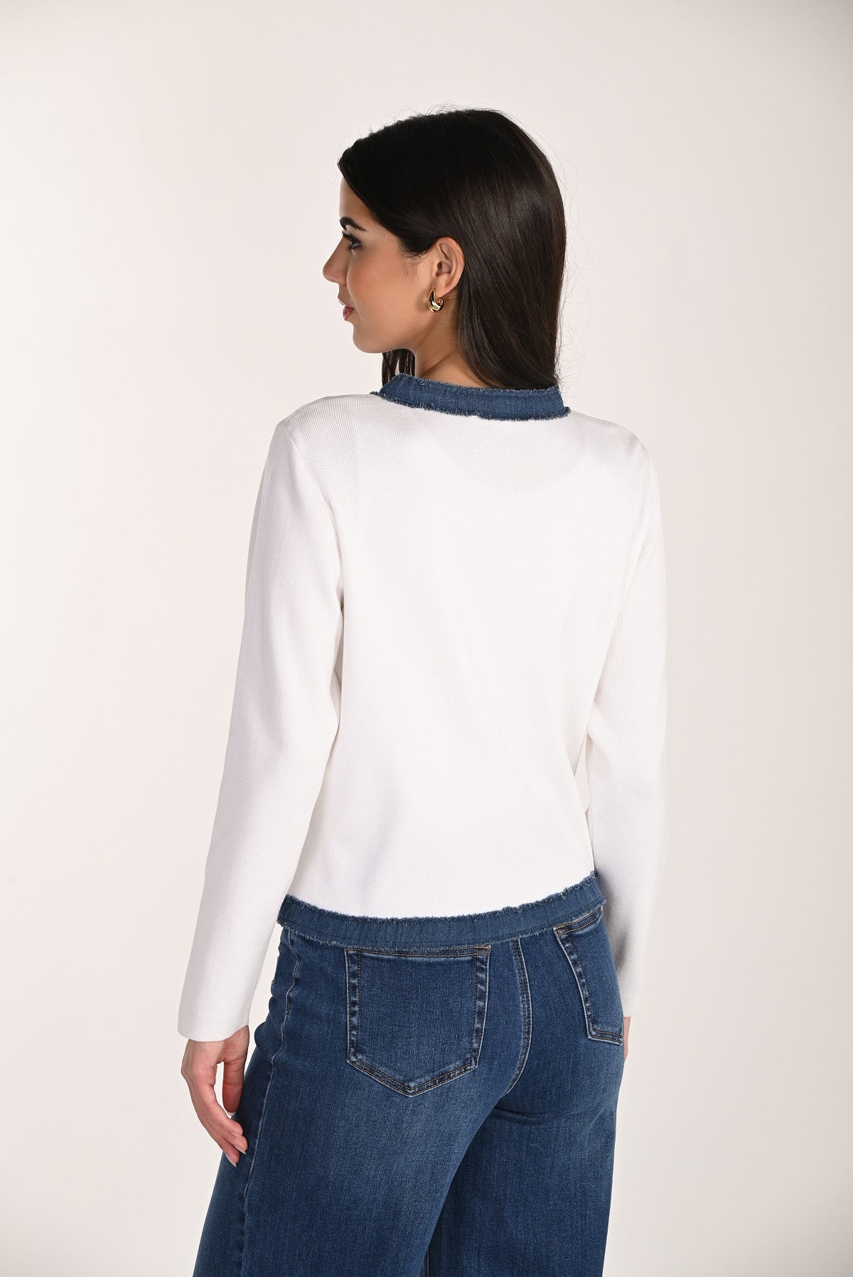 Off white denim blue shorter cardigan sweater with gold button detail