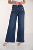 Wide leg high rise jeans with gold button detail in 32 inch inseam.