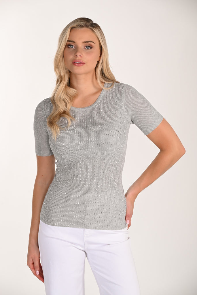 Lightweight grey metallic knit sweater with elbow length sleeves