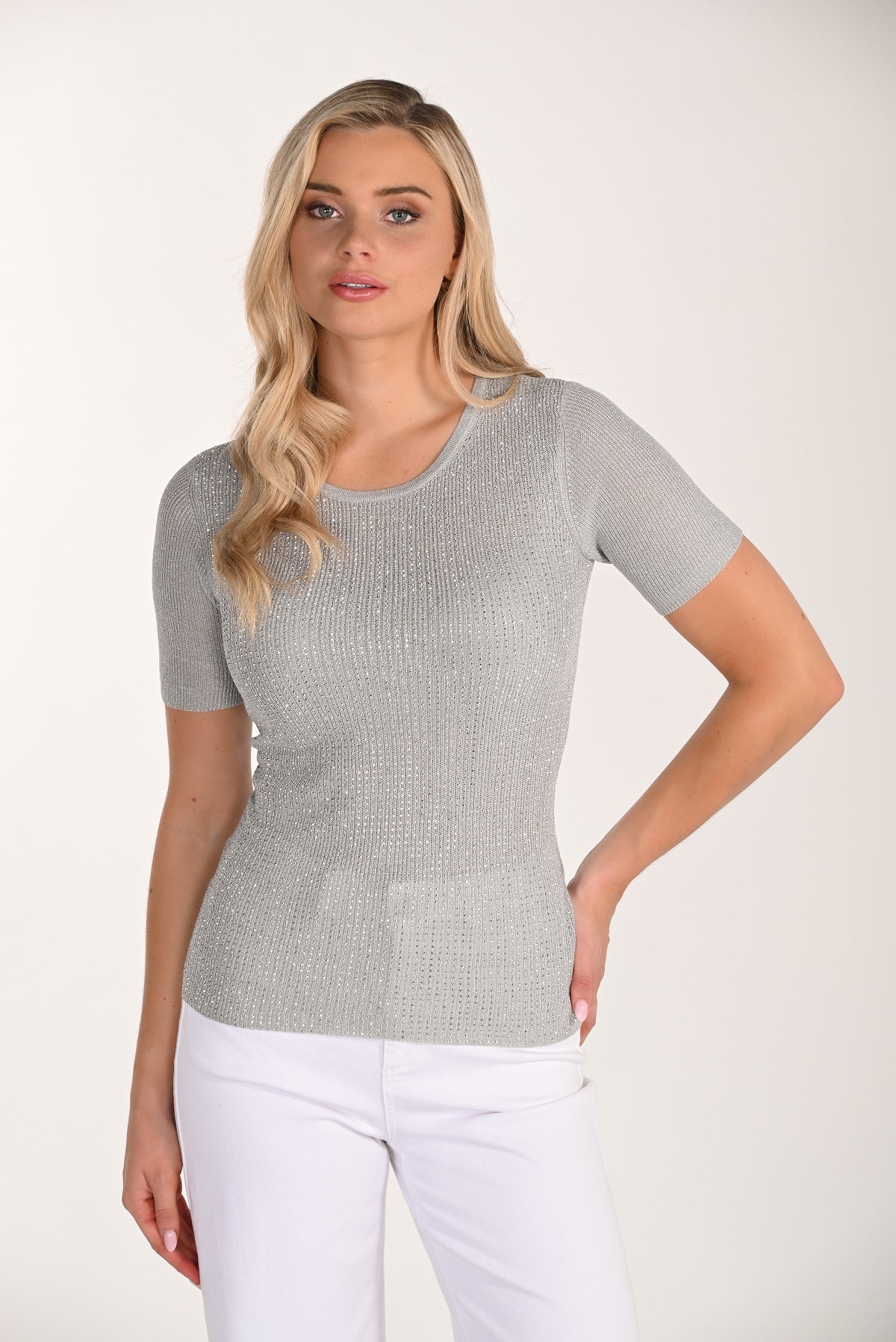 Lightweight grey metallic knit sweater with elbow length sleeves