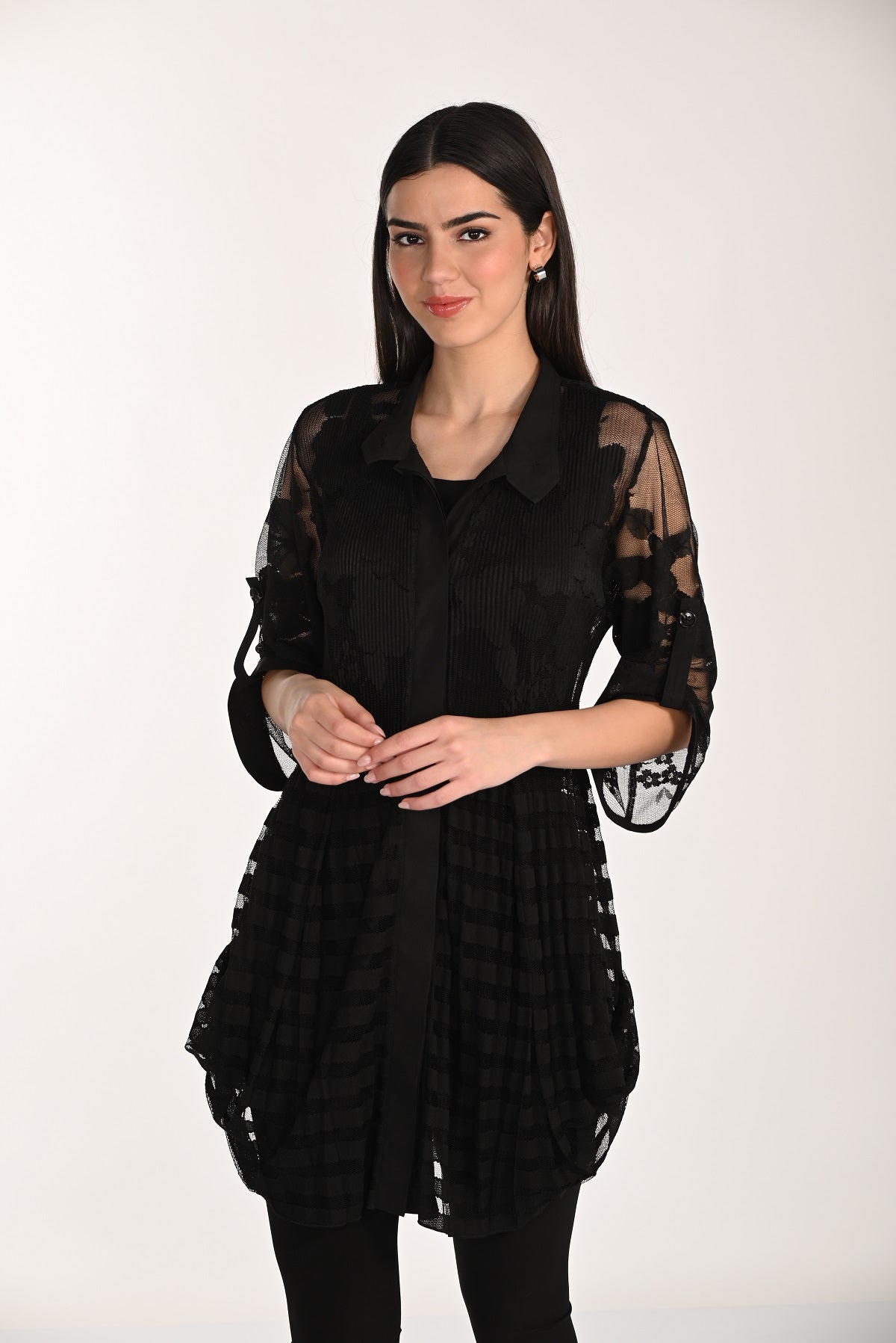 Frank Lyman Black Sheer embroidered tunic blouse