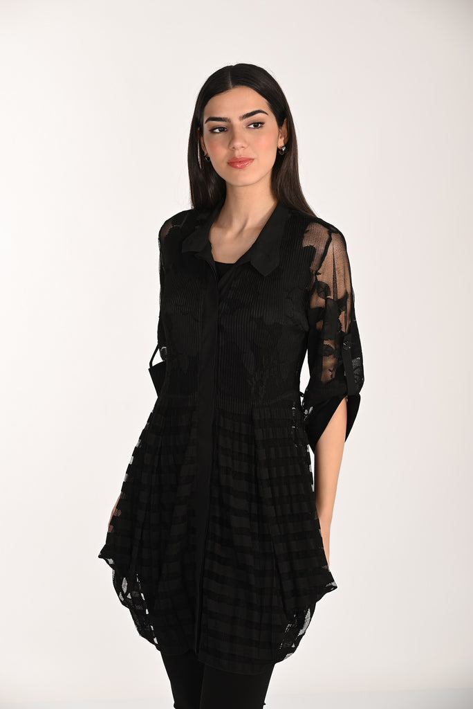 Frank Lyman Black Sheer embroidered tunic blouse