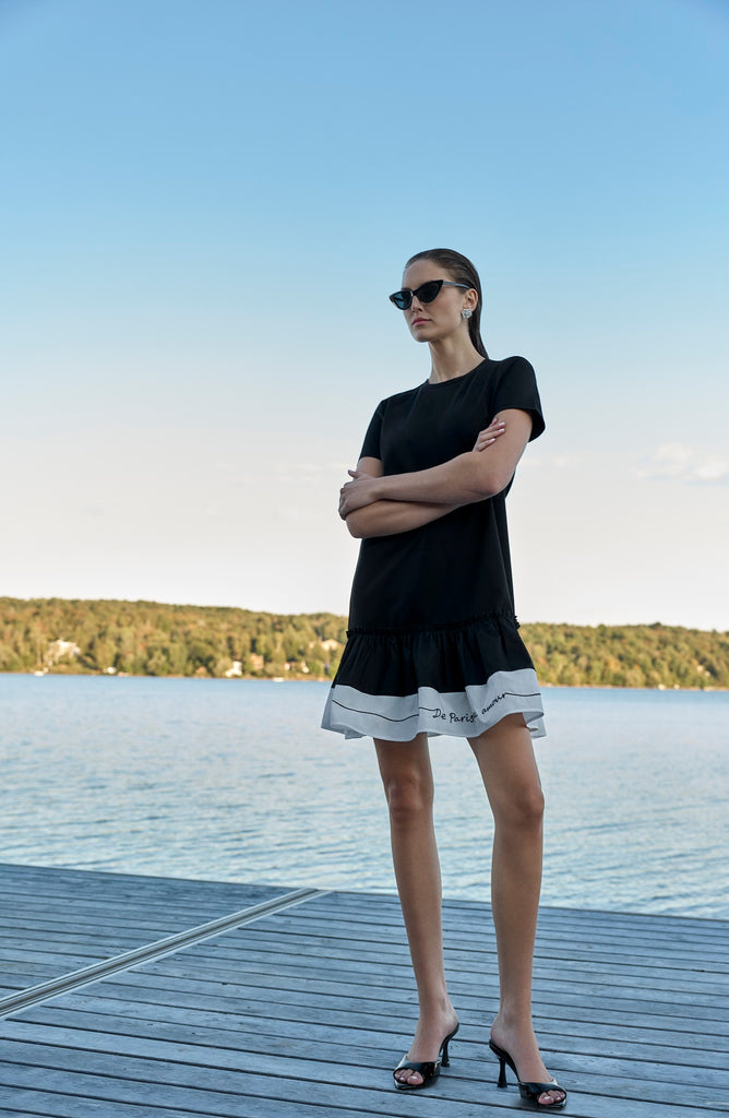 Black white t shirt dress with ruffled hem