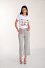 Grey wide leg cropped jeans with frayed hem and sequin front