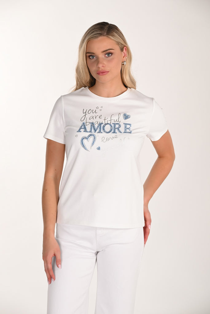 Off white textured knit t-shirt with front sequin print detail