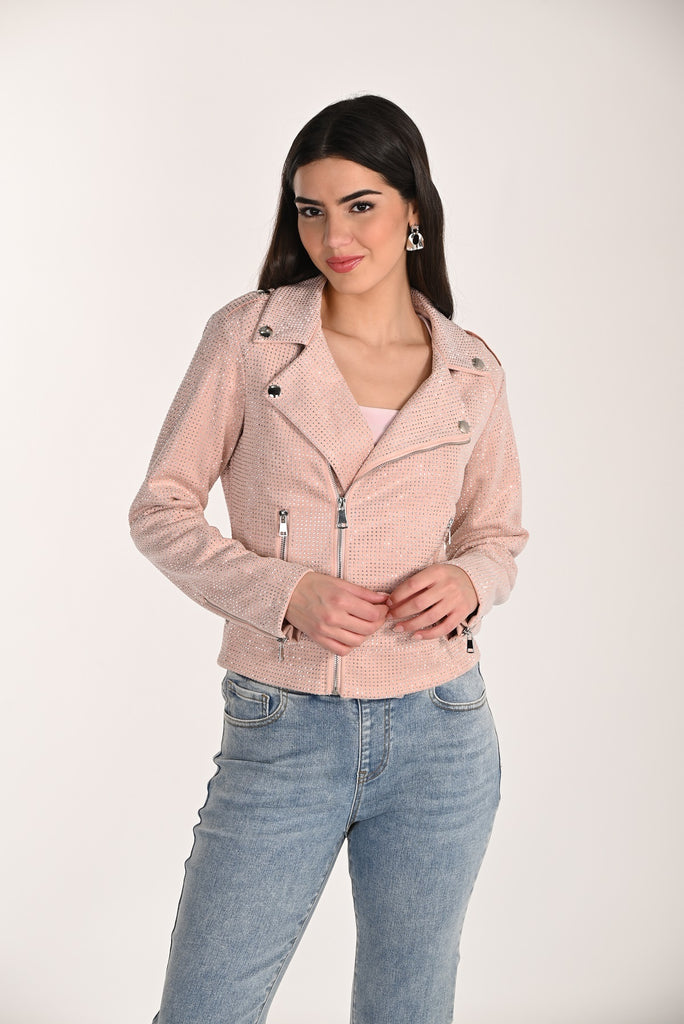 Striking  all over sequin moto jacket in blush