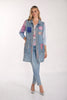 Long Sleeveless Denim Vest With Front accent Print and Frayed Detail in Light Denim Blue.