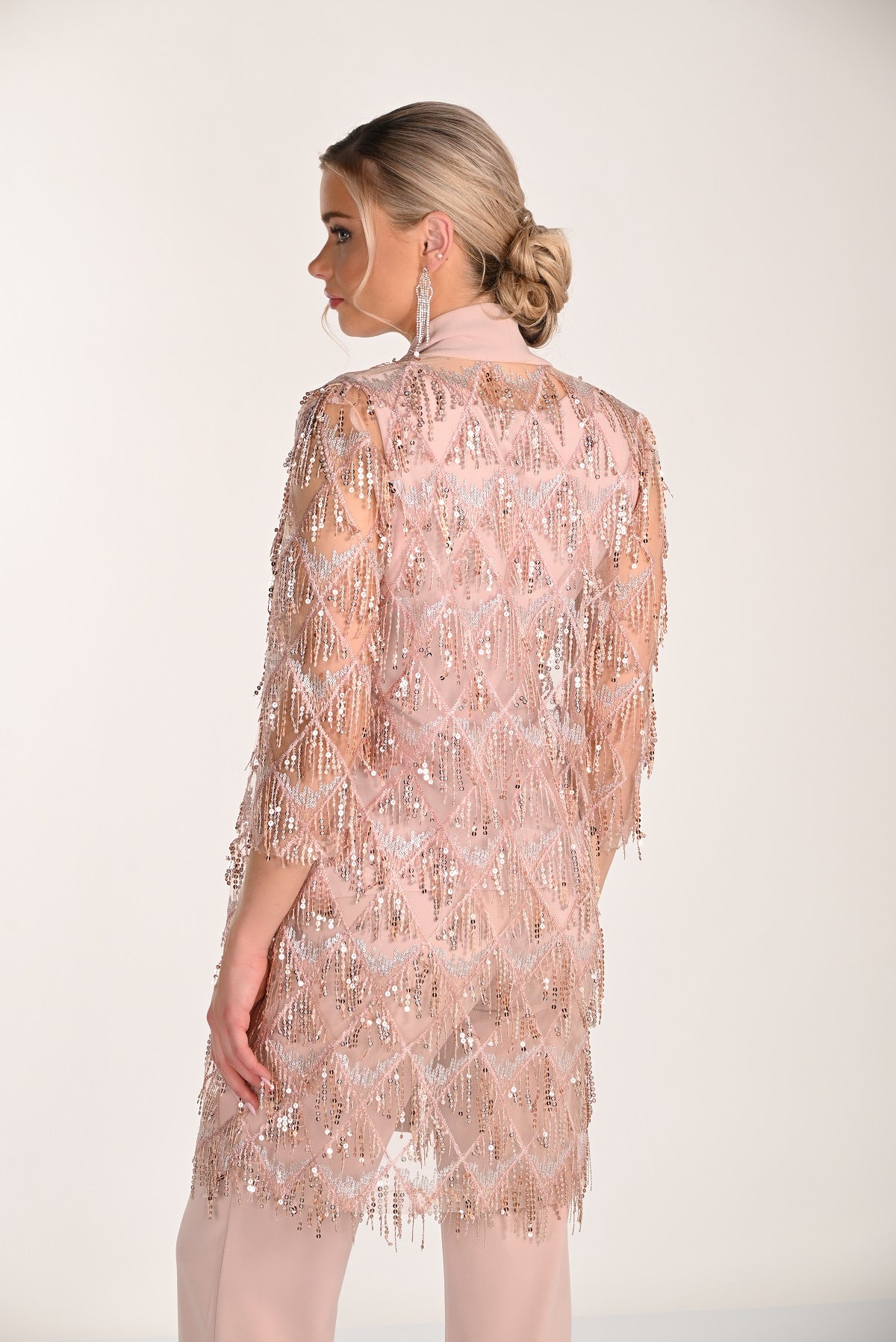 Elegant Fringed Sequin Knit Evening Long Evening Jacket In Blush